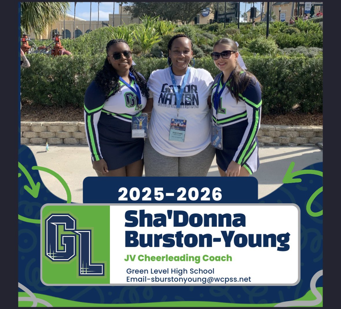 Meet your 2025-2026 coaches! We can’t wait to chat with you all on Monday about the cheer season during our informational meeting!! 💙💚🤍🐊📣

JV Coach- Sha’Donna Burston-Young
Years Coaching- 4 years with cheer and stunt