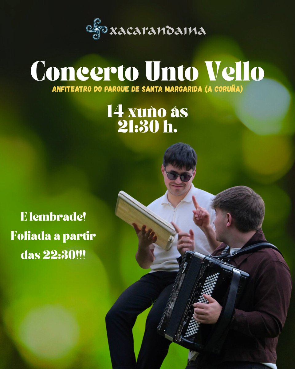Na nosa foliada imos contar co concerto de Unto Vello!
Lembrade que antes temos a nosa foliadiña e despois a gran foliada dese fin de semana!

Alí vos esperamos a todxs!

#xacarandaina #foliadaeromariadolecer25 #foliada #romaría #xacasomostodos #concerto #untovello