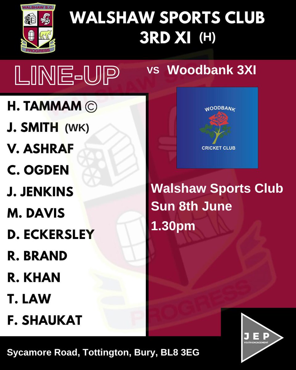Walshaw Cricket (@walshawcricket) on Twitter photo 🏏MATCHDAY🏏
Saturday
Walshaw 1XI vs <a href="/Heatonsports/">Heaton Sports Club</a> 1XI (H)
12:30pm
Saturday
<a href="/EltonCC/">Elton CC</a> 2XI vs Walshaw 2XI (A)
12.30pm
Sunday
Walshaw 3XI vs <a href="/WoodbankCC/">Woodbank CC</a> 3XI (H)
1.30pm
Harrison’s serving:
Saturday 12pm - 8pm
Sunday 12pm - 6pm
All support is welcome!
#UTS #UTS 🏏MATCHDAY🏏
Saturday
Walshaw 1XI vs <a href="/Heatonsports/">Heaton Sports Club</a> 1XI (H)
12:30pm
Saturday
<a href="/EltonCC/">Elton CC</a> 2XI vs Walshaw 2XI (A)
12.30pm
Sunday
Walshaw 3XI vs <a href="/WoodbankCC/">Woodbank CC</a> 3XI (H)
1.30pm
Harrison’s serving:
Saturday 12pm - 8pm
Sunday 12pm - 6pm
All support is welcome!
#UTS #UTS