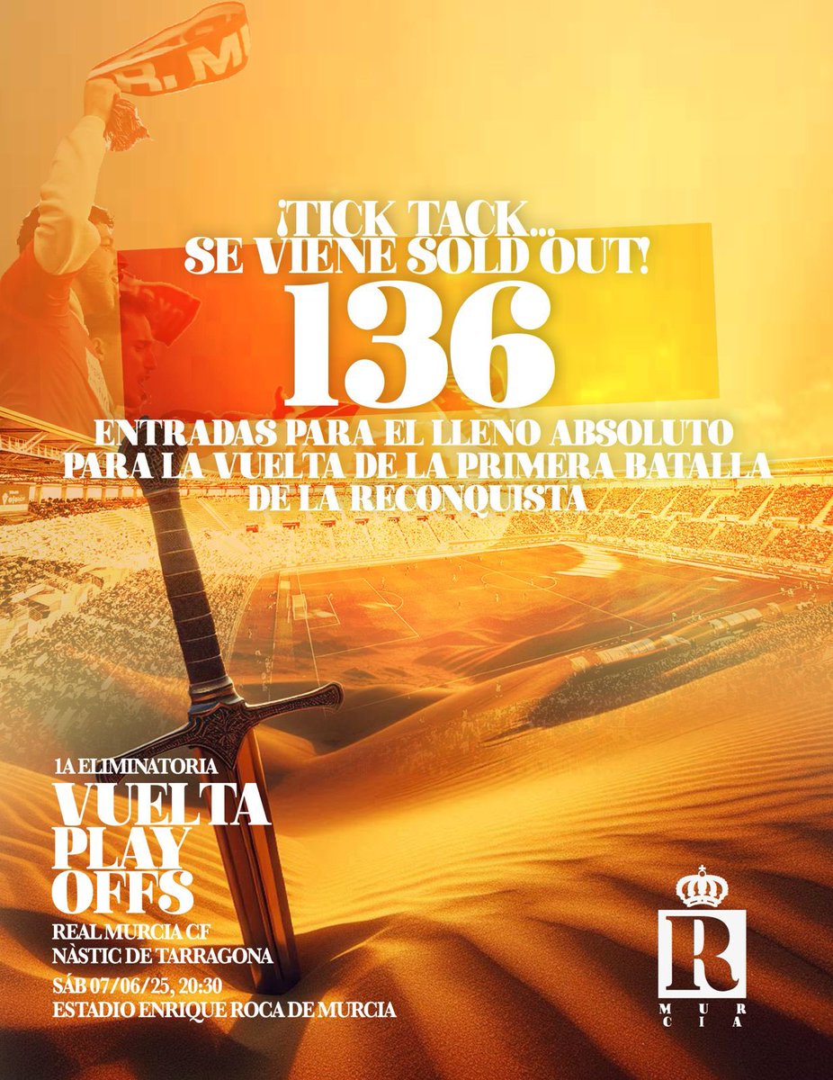 💥 ¡𝐒𝐄 𝐕𝐈𝐄𝐍𝐄 𝐄𝐋 𝐒𝐎𝐋𝐃 𝐎𝐔𝐓!

🔥 A tan solo 136 entradas del lleno absoluto para el #RealMurciaNàstic 

🎟️ Compra ya tu entrada online: realmurcia.compralaentrada.com/eventos

🛍️ También podrás conseguir la tuya en Tienda Oficial desde las 10:00h.