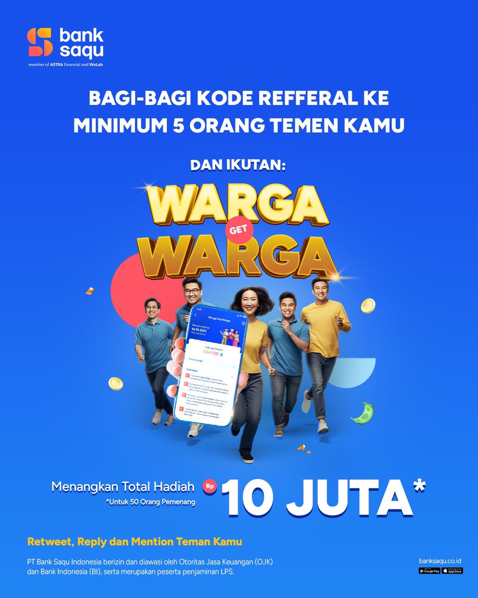 dibantubanksaqu's tweet image. Challenge WARGA GET WARGA BATCH 2 LESGOOO🙌😍

Caranya: 
1. Ajak min. 5 teman untuk membuka rekening Bank Saqu menggunakan kode referral kalian 
2. Follow Twitter Bank Saqu, Like &amp;amp; RT Tweet ini, Reply “DONE MinQu Bank Saqu” + JANGAN LUPA TARO KODE REFFERAL KAMU!
3. Tag 3️⃣ teman…