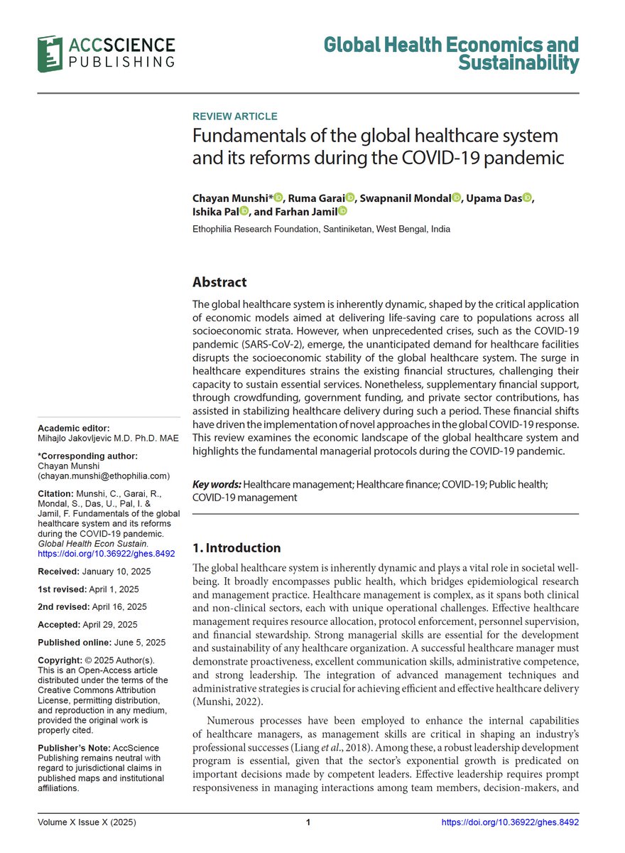 New Publication Alert!  Our new paper highlighting the basics of healthcare system and its reforms during COVID-19 pandemic. 
Link: accscience.com/journal/GHES/a…
<a href="/ethophilia/">Ethophilia Research Foundation</a> 
#COVID19 #healthcare