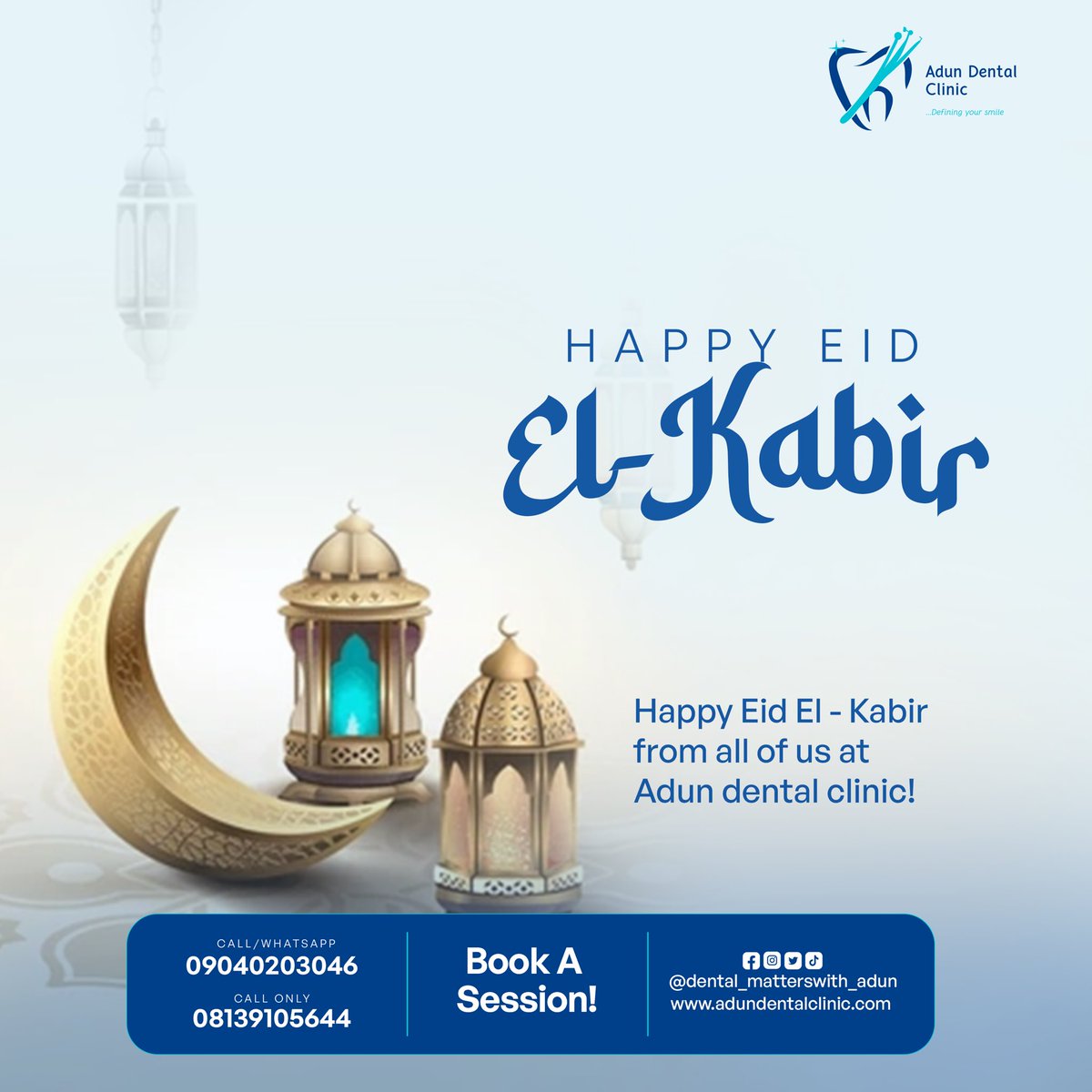 Adun_Smilemaker's tweet image. Happy Eid El-Kabir from all of us at Adundental clinic !
Wishing all our Muslims friends and families a joyful and blessed celebration filled with love, peace and happiness.
Tags: Eid Mubarak Sallah