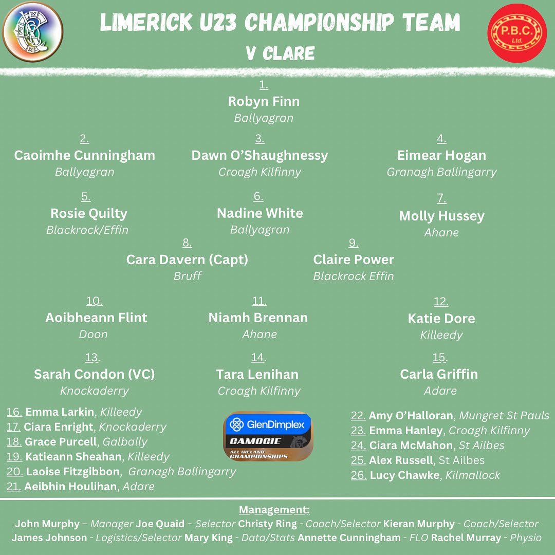 Wishing all involved with the Limerick Senior and U23 Camogie teams the best of luck today in their All Ireland Championships V Clare🤞🏻🤞🏻

Special mention to current and former JTBCS students Caroline, Lisa, Mairéad and Alex
🟢⚪️ 🟢⚪️

#luimneachabú       <a href="/LimCamogie/">Limerick Camogie</a>