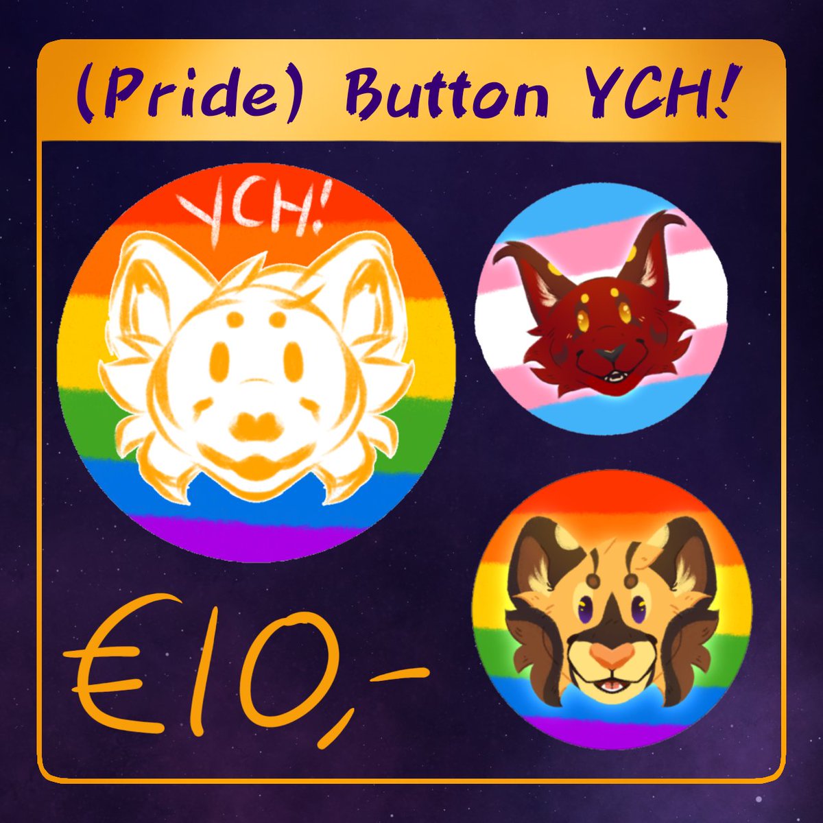 starryocelot's tweet photo. Open for Dutch Comic Con pickup commissions! I have (pride) Button YCH's &amp; Custom badges available, can also do free NL shipping and EU shipping for a little extra. 

Sadly can't offer international shipping for now :,)

Shoot me a message to claim a slot! https://t.co/afVQvT5up5