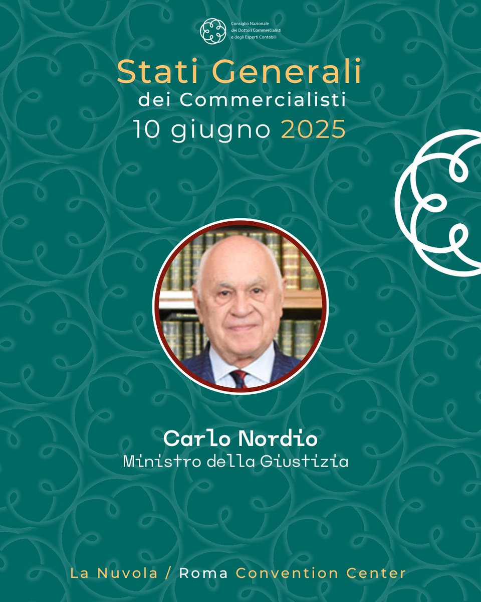 Stati Generali dei Commercialisti 2025, organizzati da <a href="/CndcecConsiglio/">Consiglio nazionale commercialisti</a> presieduto da <a href="/elbano_de/">Elbano de Nuccio</a> Nuccio, si svolgeranno il 10 giugno a Roma, dalle ore 10.00, alla Nuvola di Fuksas. Interverrà Carlo Nordio, Ministro del <a href="/minGiustizia/">Ministero Giustizia</a>