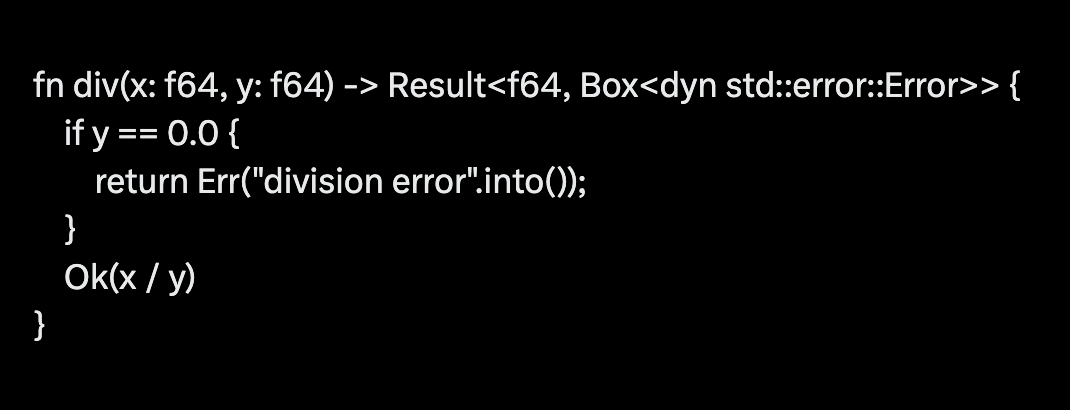 Rust devs will write shit like this and then wonder why their PRs get rejected
bro, nobody wants to look at your `Result&lt;f64, Box&lt;dyn std::error::Error&gt;&gt;`
