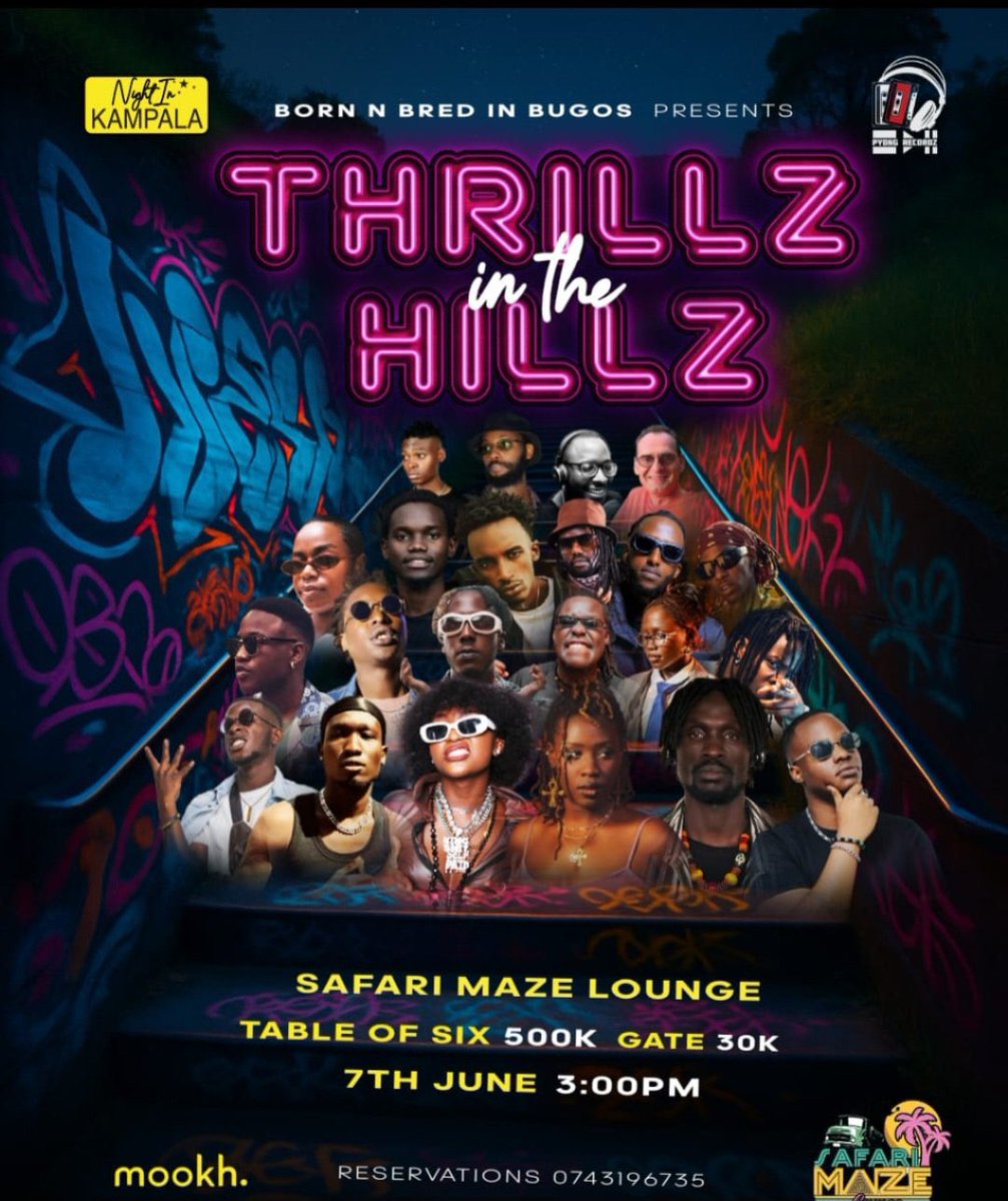 Mushrm (@mushroominc) on Twitter photo Tonight, Safari Maze Lounge at Centenary Park lights up with #ThrillzInTheHillz Vibe to epic performances from <a href="/NiweAkeine/">🐘A QUEEN. AYY!👸🏾</a>, <a href="/mitirikpwesings/">MITIRIKPWE</a>, <a href="/senteforever/">🗣Man Like! Senté! 🇺🇬</a>, <a href="/BlaccLukas/">Lukas Blacc</a>, <a href="/deejay_alza/">DJ Alza</a>, <a href="/Mootownoh/">Sir Prolific🇺🇬</a>, The Homie, <a href="/thedicekid/">Dice</a>, <a href="/MattTravers256/">MATT TRAVERS</a>, OG Stash, & more. Doors swing open at 3 PM. Tonight, Safari Maze Lounge at Centenary Park lights up with #ThrillzInTheHillz Vibe to epic performances from <a href="/NiweAkeine/">🐘A QUEEN. AYY!👸🏾</a>, <a href="/mitirikpwesings/">MITIRIKPWE</a>, <a href="/senteforever/">🗣Man Like! Senté! 🇺🇬</a>, <a href="/BlaccLukas/">Lukas Blacc</a>, <a href="/deejay_alza/">DJ Alza</a>, <a href="/Mootownoh/">Sir Prolific🇺🇬</a>, The Homie, <a href="/thedicekid/">Dice</a>, <a href="/MattTravers256/">MATT TRAVERS</a>, OG Stash, & more. Doors swing open at 3 PM.