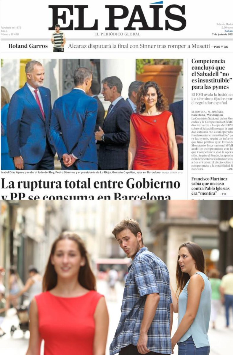 MAOrdovas's tweet photo. Con esta imagen de Ayuso en la Conferencia de Presidentes que han puesto en la primera de hoy no tengo duda de que en @el_pais hay algún aficionado a los memes de toda la vida. https://t.co/0UJRtSWxs7