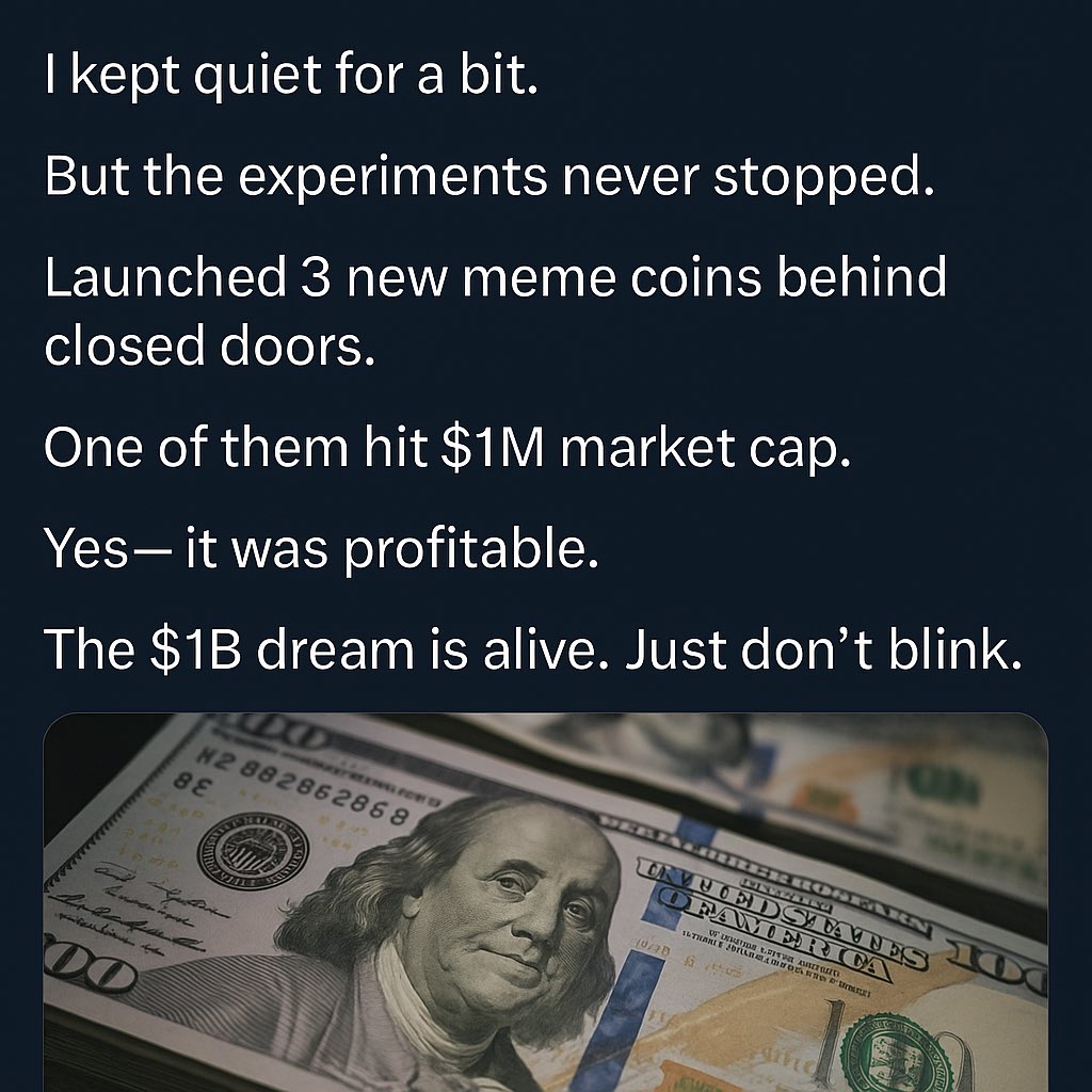 I kept quiet for a bit.
But the experiments never stopped.
Launched 3 new meme coins behind closed doors.
One of them hit $1M market cap.
Yes — it was profitable.
The $1B dream is alive. Just don’t blink.