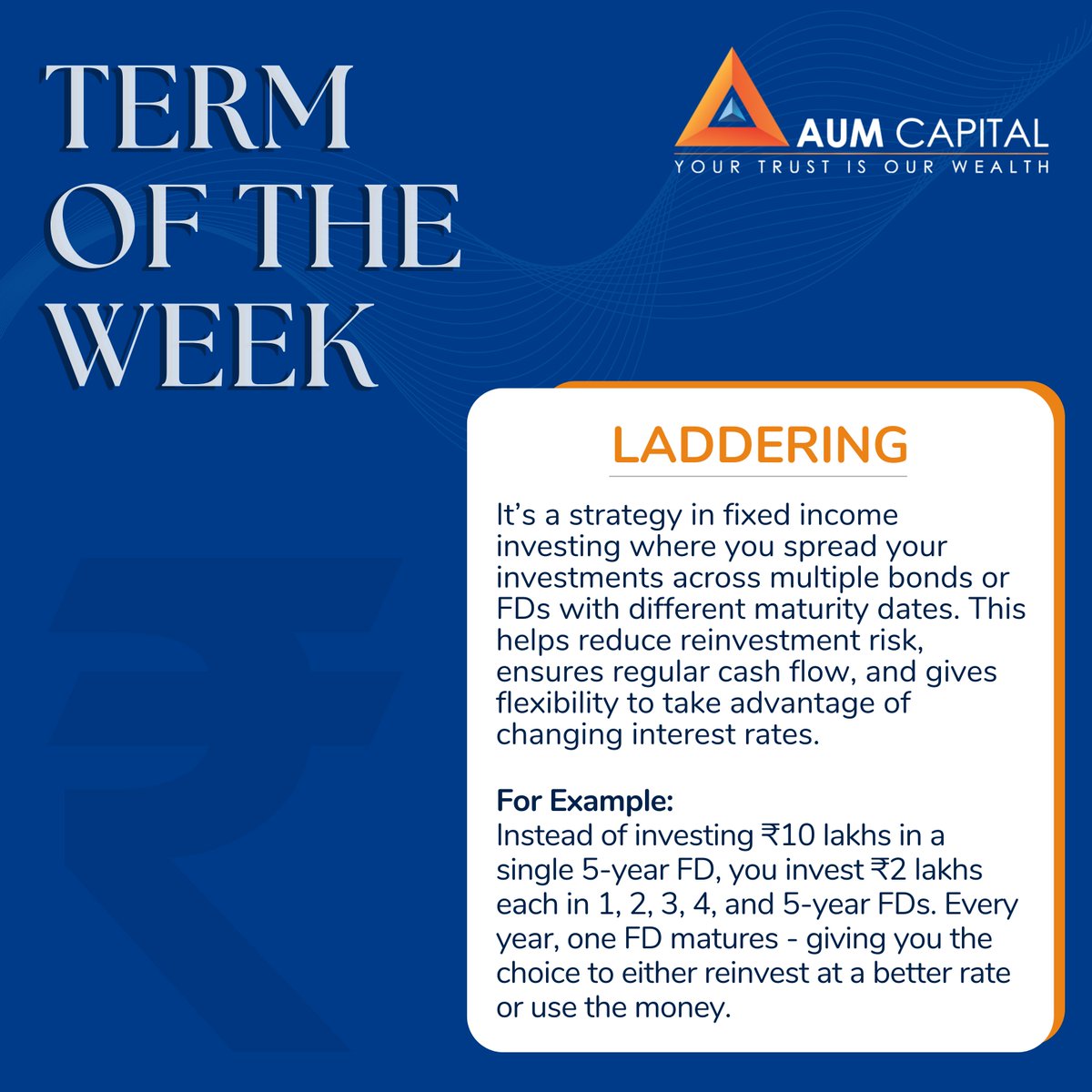 Term of the Week: Laddering
A simple yet effective strategy to manage interest rate risk, maintain liquidity, and ensure steady returns in fixed income investments.

#TermOfTheWeek #Laddering #FixedIncome #FDStrategy #InvestmentBasics #WealthWisely #AUMCapital