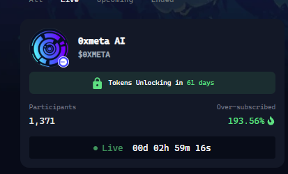 BBokshi91818's tweet photo. 🚀 0xMeta AI ($0XMETA) is LIVE on @Virtual_Protocol!
Already 193.56% oversubscribed with 1371+ participants!
🔒 Tokens unlock in 61 days
⏳ Only 2 hours left!
AI x Web3 momentum is real. Don’t miss this one.
Join now 👉 [Insert link]
#0xMeta #DeFi #AI #Web3 #Presale https://t.co/nvYhCnxcY6