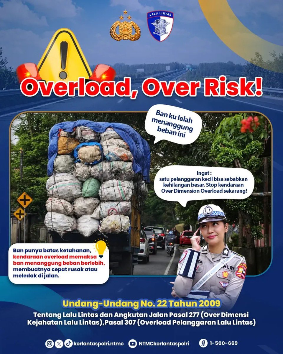 Sahabat lantas. Kasian ya ban-nya!

Padahal ban punya batas ketahanan, kendaraan over overload memaksa ban menanggung beban berlebih, sehingga dapat menyebabkan cepat rusak atau meledak di jalan.

#NTMCKorlantasPolri
#KorlantasPolri
#PolantasHadirUntukNegeri
#Polantas
#lalulintas