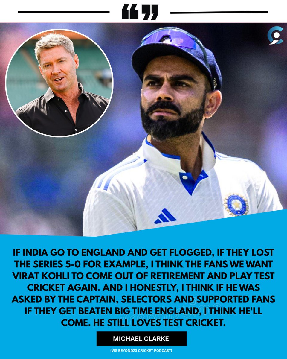 cricketimpluse's tweet photo. Michael Clarke stirs the pot, suggesting India’s struggles in England could tempt Virat Kohli to return to Test cricket.👀
Could we witness the King in whites again? 👑
#ViratKohli #TestComeback #MichaelClarke #TeamIndia #INDvsENG #CricketImpluse https://t.co/pQDvUkN1Hj