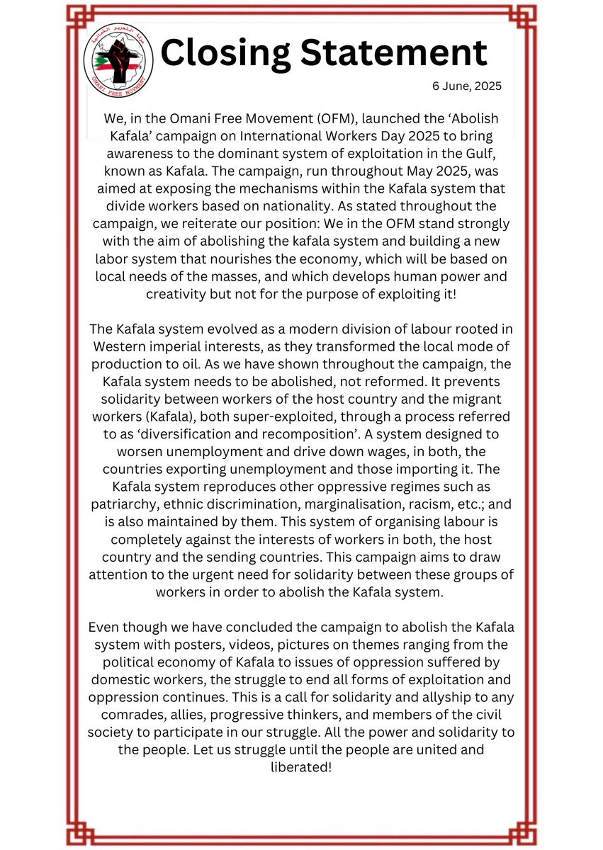 <a href="/hrw_ar/">هيومن رايتس ووتش</a> <a href="/amnesty/">Amnesty International</a> <a href="/AmnestyAR/">منظمة العفو الدولية</a> <a href="/ADHRB/">ADHRB</a> <a href="/iloarabstates/">ILO Arab States - منظمة العمل الدولية</a> <a href="/ilo/">International Labour Organization</a> <a href="/ILOAfrica/">ILO Africa</a> <a href="/ILOAsiaPacific/">ILOAsiaPacific</a> <a href="/GulfCentre4HR/">GCHR</a> <a href="/rashtrapatibhvn/">President of India</a> <a href="/CPIMKerala/">CPI(M) Kerala</a> <a href="/INCKerala/">Congress Kerala</a> <a href="/KeralaGovernor/">Kerala Governor</a> <a href="/iprdkerala/">Kerala Government | കേരള സർക്കാർ</a> <a href="/timesofindia/">The Times Of India</a> <a href="/BBCAfrica/">BBC News Africa</a> <a href="/BBCArabic/">BBC News عربي</a> <a href="/MiddleEastEye/">Middle East Eye</a> <a href="/cpimspeak/">CPI (M)</a> The closing statement of the “abolish Kafala system” campaign: