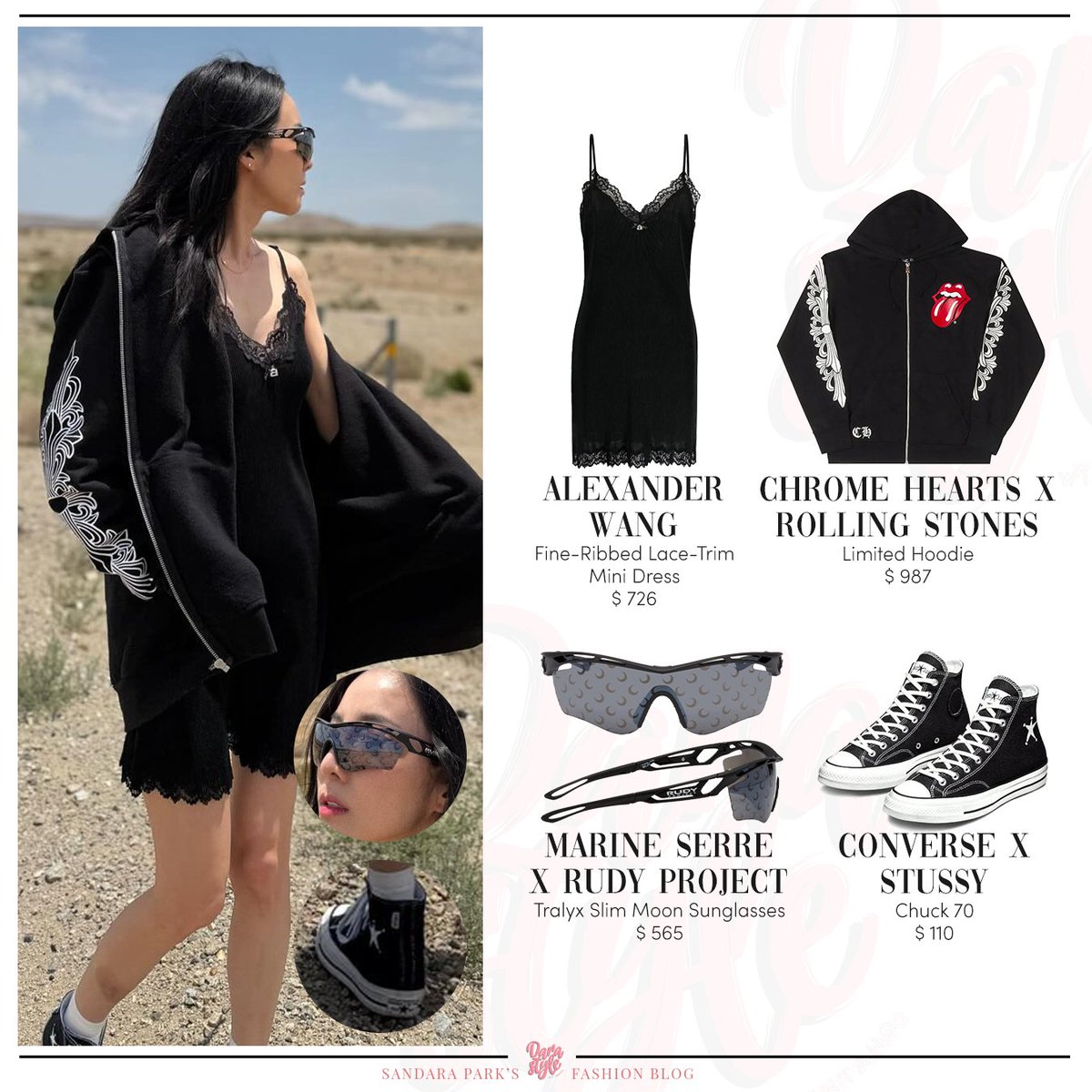 DaraStyle_'s tweet image. [SNS Update] 250607 - #DARA Twitter Post, wearing:

#MARINESERRE X #RUDYPROJECT Tralyx Slim Moon Sunglasses
#ALEXANDERWANG Fine-Ribbed Lace-Trim Mini Dress
#CHROMEHEARTS X #ROLLINGSTONES Limited Hoodie
#CONVERSE X #STUSSY Chuck 70
-
#SandaraPark #산다라박 #다라
