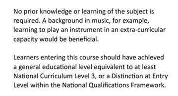 Mark Phillips (@englishcadence) on Twitter photo I've just read this in the small print of a GCSE Music specification. What unhelpful messages might this be giving to music educators in KS1-3 and to SLT?
<a href="/DrFautley/">Prof Martin Fautley</a> <a href="/GarySpruce1/">Dr Gary Spruce</a> I've just read this in the small print of a GCSE Music specification. What unhelpful messages might this be giving to music educators in KS1-3 and to SLT?
<a href="/DrFautley/">Prof Martin Fautley</a> <a href="/GarySpruce1/">Dr Gary Spruce</a>