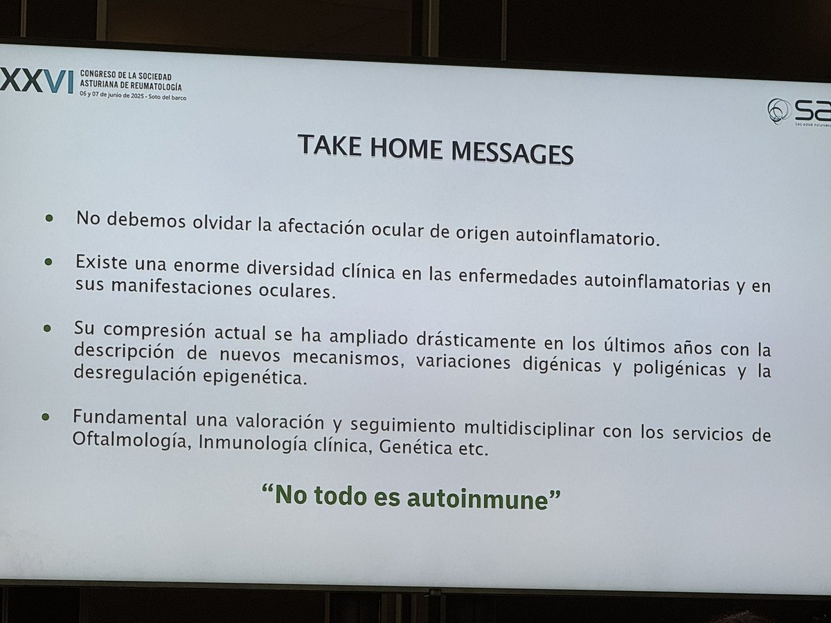 Sociedad Asturiana de Reumatología (@reumasturias) on Twitter photo Continuamos en #SARE2025 con <a href="/estefipardoc/">Estefanía Pardo Campo</a> que ha abordado el amplio campo de las enfermedades autoinflamatorias y la afectación ocular👀:
🔹No todo origen es autoinmune
🔹Gran heterogeneidad clínica
🔹Crecimiento exponencial del conocimiento 📈
🔹Trabajo multidisciplinar 🤝 Continuamos en #SARE2025 con <a href="/estefipardoc/">Estefanía Pardo Campo</a> que ha abordado el amplio campo de las enfermedades autoinflamatorias y la afectación ocular👀:
🔹No todo origen es autoinmune
🔹Gran heterogeneidad clínica
🔹Crecimiento exponencial del conocimiento 📈
🔹Trabajo multidisciplinar 🤝