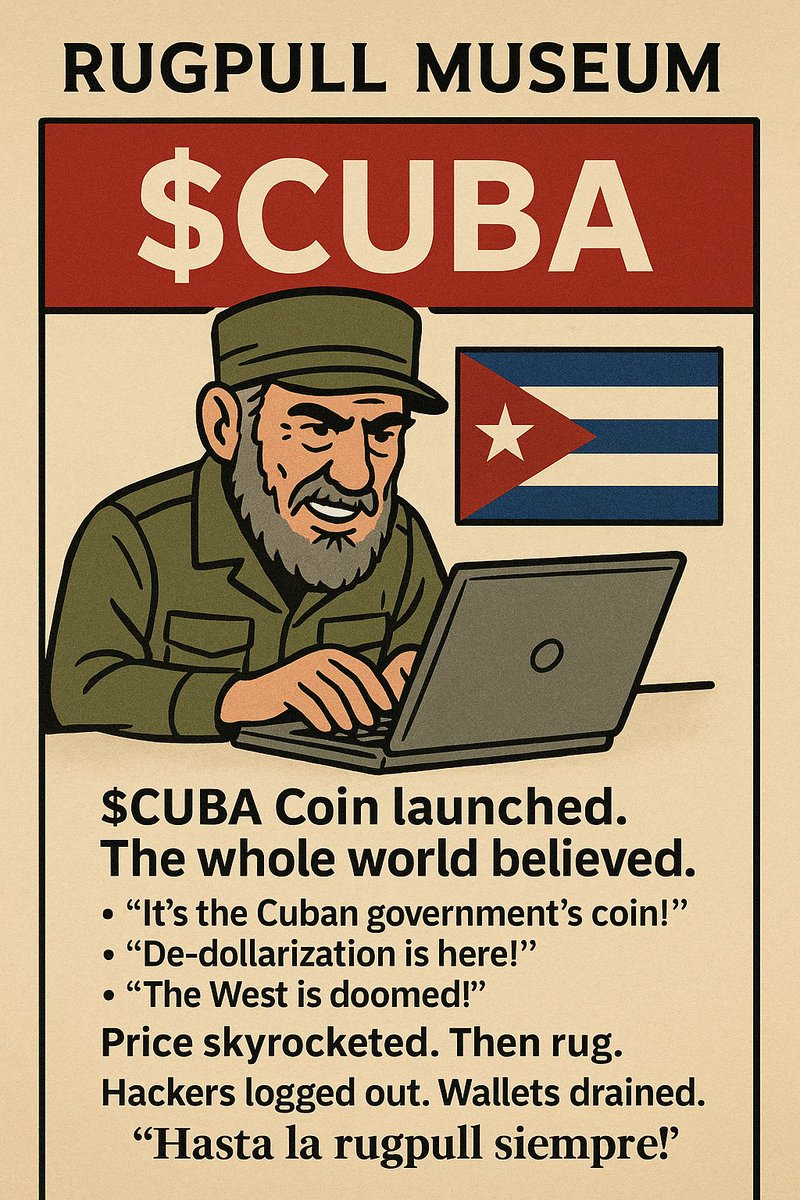 RichDaddy8877's tweet image. $CUBA Coin launched. The whole world believed.
– “It’s the Cuban government’s coin!”
– “De-dollarization is here!”
– “The West is doomed!”
Price skyrocketed. Then rug.
Hackers logged out. Wallets drained.
¡Hasta la rugpull siempre!
#RugpullMuseum #NoRugpull #Crypto #CryptoScam…
