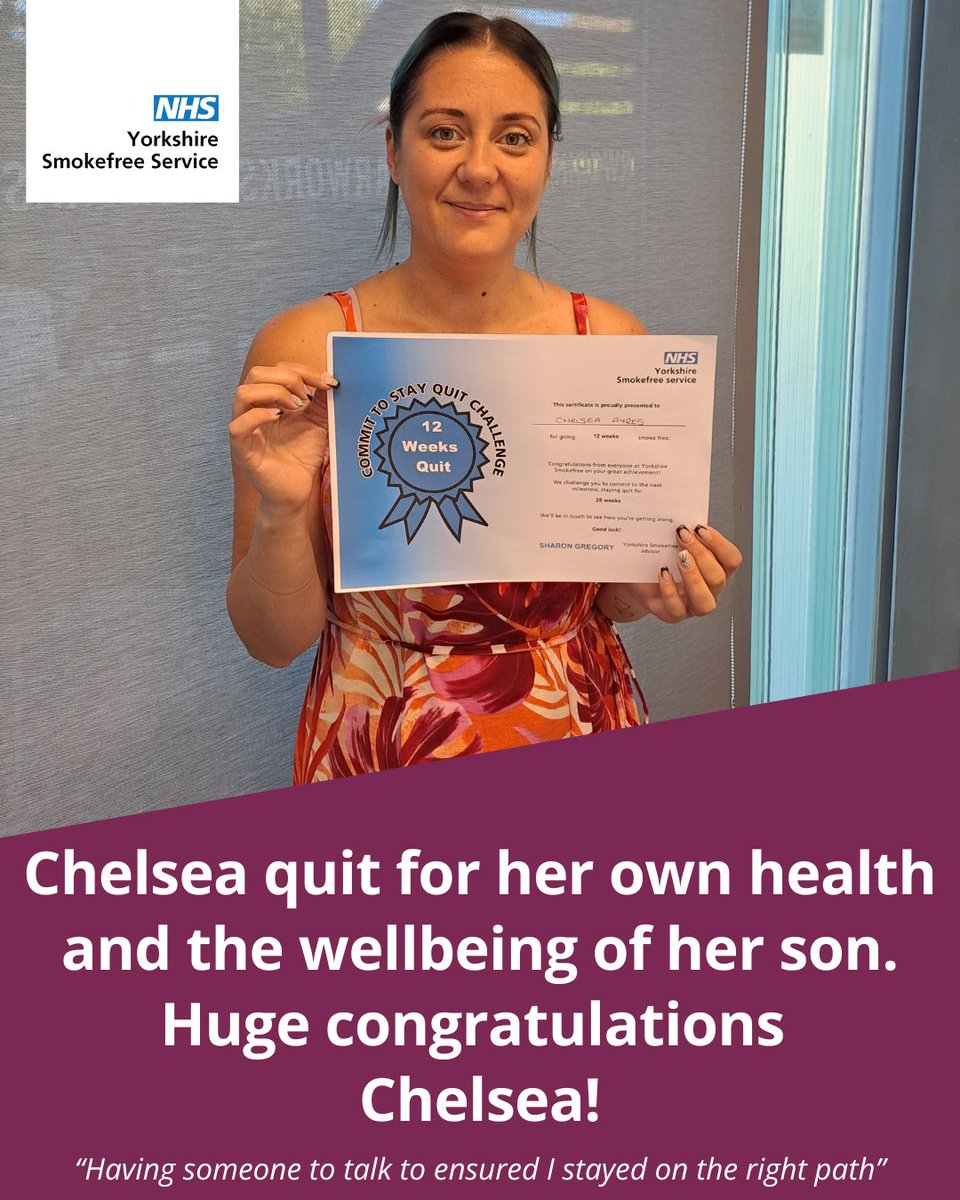 🎉 Let's start the week celebrating SUCCESS! Congratulations Chelsea, who is now smoke-free after quitting tobacco for good with the support of Yorkshire Smokefree in Sheffield.

Let Chelsea's story inspire YOU! Read it here:

yorkshiresmokefree.nhs.uk/success-storie…