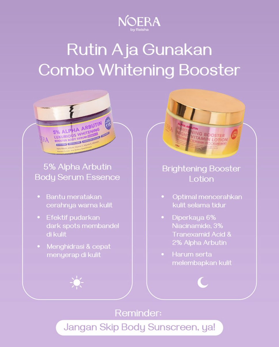 The Combo of Bodycare harian &amp; malam hari✨
🌤Pagi &amp; Sore hari
Setelah mandi, gunakan 5% Alpha Arbutin Body Serum Essence yang ringan dan cepat meresap di kulit

🌙Malam hari
Lanjut gunakan Whitening Booster Night Vitamin Lotion yang kandungannya 37X Power Ingredients.