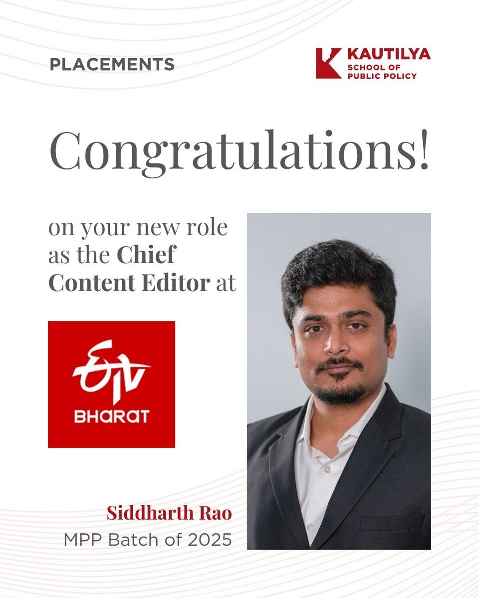 KautilyaSPP's tweet image. Congratulations to Siddharth Rao from the MPP Class of 2025 on joining ETV Bharat as Chief Content Editor!

Wishing him the best as he brings policy thinking into the world of media and storytelling.

#KSPP #MPP2025 #PolicyCareers #MediaAndPolicy #KautilyaPlacements #ETVBharat…