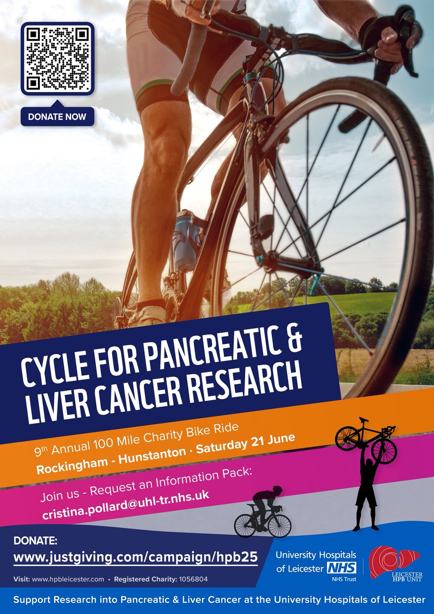 HpbLeicester's tweet photo. Pancreatic &amp; Liver Cancer Research 100 mile Bike Ride Rockingham to Hunstanton Saturday 21 June 2025
￼
Organised by Leicester Hospitals Charity

Meeting at Rockingham Forest Wheelers Club, 11 Ashley Road, Middleton, Market Harborough, LE16 8YP

https://t.co/AOul0qvAJS https://t.co/1hNZnzgVTO