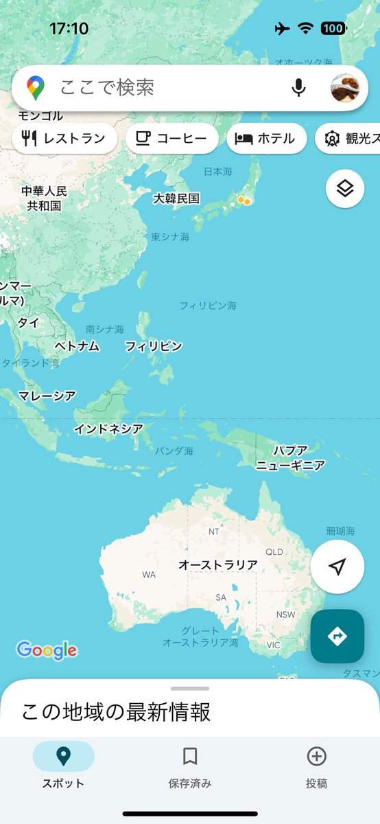 snotroller's tweet photo. GoogleマップはサテライトWiFi上では使えない模様じゃ NH881 to Perth https://t.co/DxSu7b7dY0