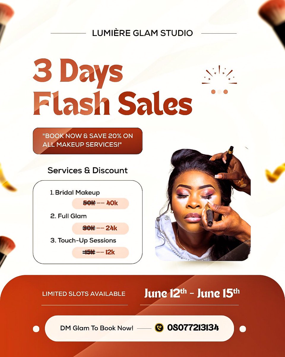 GpVisuals's tweet image. I just designed this eye-catching flyer for LUMIÈRE GLAM STUDIO’s 3-day flash sale—

Great design = more sales + a brand people remember. I help brands stand out with visuals that attract and sell. Need a design upgrade? DM “DESIGN” now!
#BrandDesign #MakeupBrand #VisualIdentity