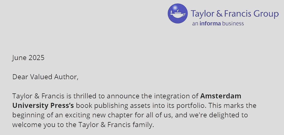 Mark Huskisson (@mhuski) on Twitter photo The impending acquisition of <a href="/AmsterdamUPress/">Amsterdam Univ Press</a> by Taylor & Francis reminds us that, amidst all the difficult decisions universities need to make in the HE environment, almost everything within a commodified publishing industry is susceptible to growth & the commercially imperative The impending acquisition of <a href="/AmsterdamUPress/">Amsterdam Univ Press</a> by Taylor & Francis reminds us that, amidst all the difficult decisions universities need to make in the HE environment, almost everything within a commodified publishing industry is susceptible to growth & the commercially imperative