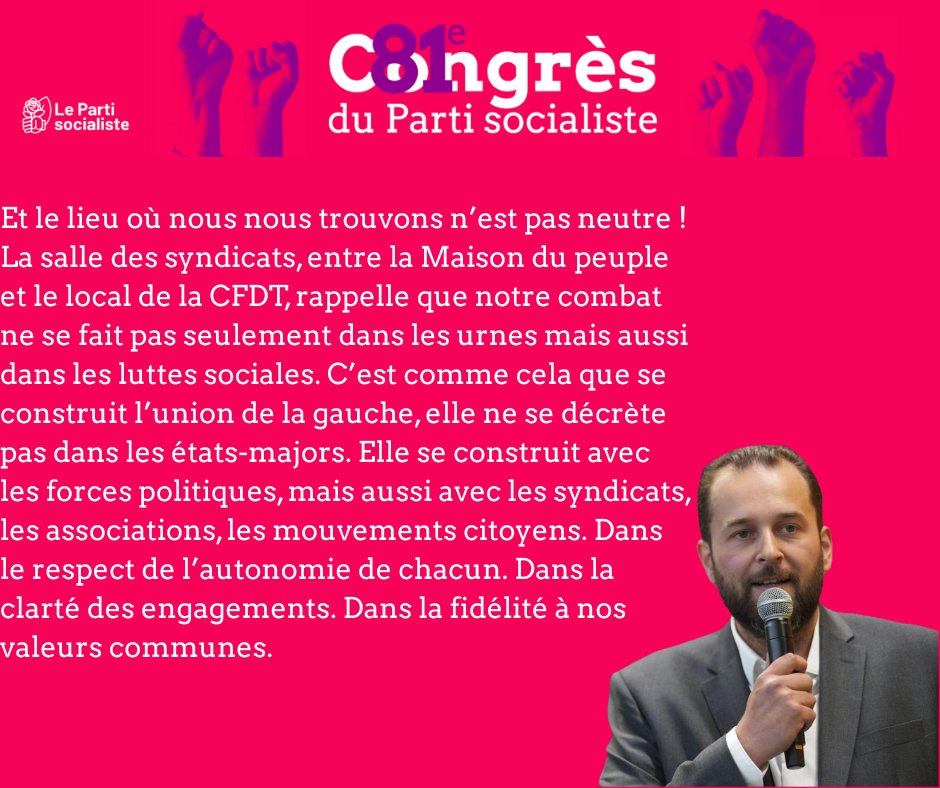 "L’union de la gauche se construit avec les forces politiques, mais aussi avec les syndicats, les associations, les mouvements citoyens. Dans le respect de l’autonomie de chacun. Dans la clarté des engagements. Dans la fidélité à nos valeurs communes"
#CongresPS29
