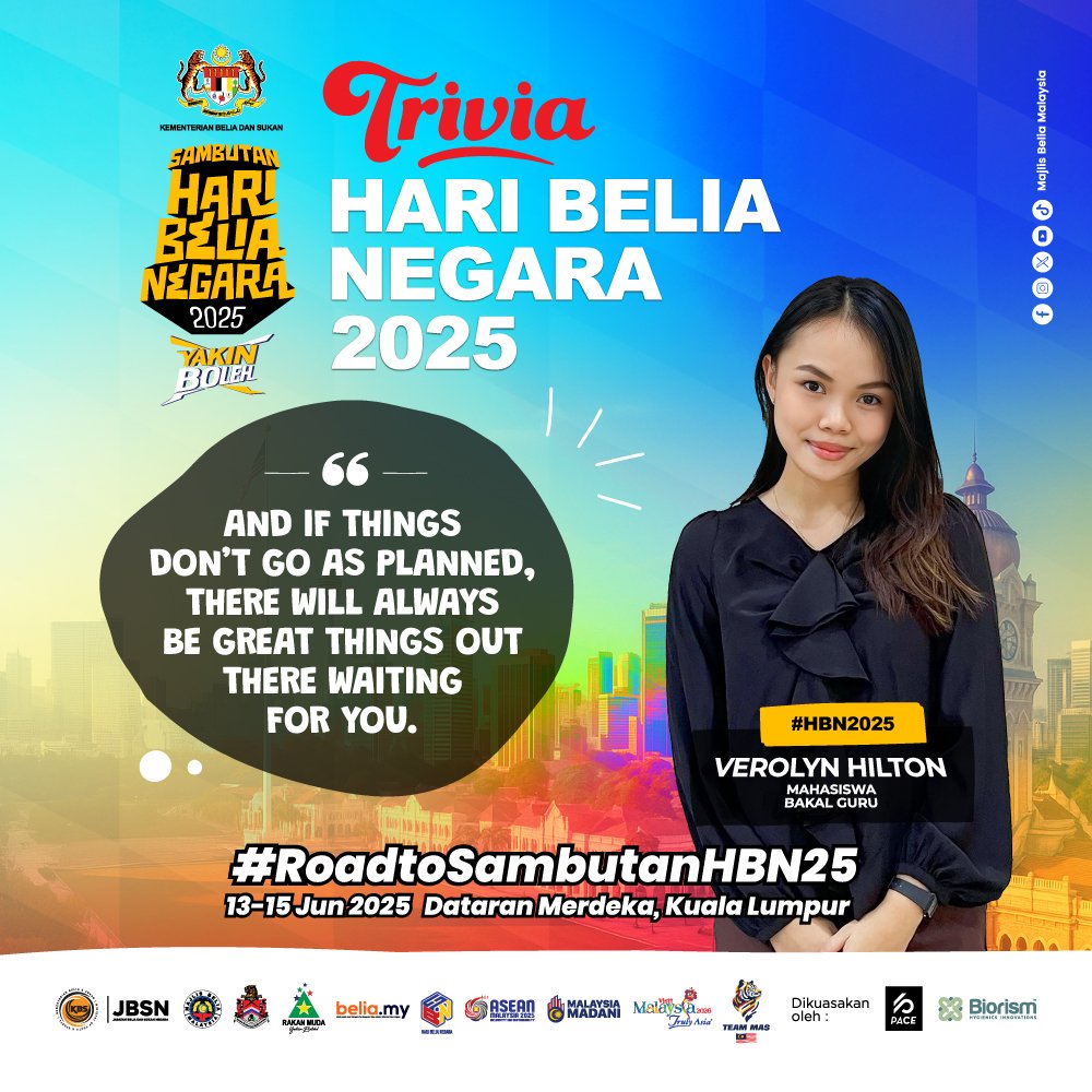 📣 #RoadtoSambutanHBN25 💥🔥 

🚨 Ada event terbesar berlaku bulan ini. Sambutan Hari Belia Negara 2025 bakal tiba tidak lama lagi! 

‼️ Lock tarikh ini :
📆 13-15 Jun 2025
📍 Dataran Merdeka, Kuala Lumpur
 
🇲🇾 Belia Malaysia, masa kita dah sampai! Jom turun ramai2 &amp; gegarkan