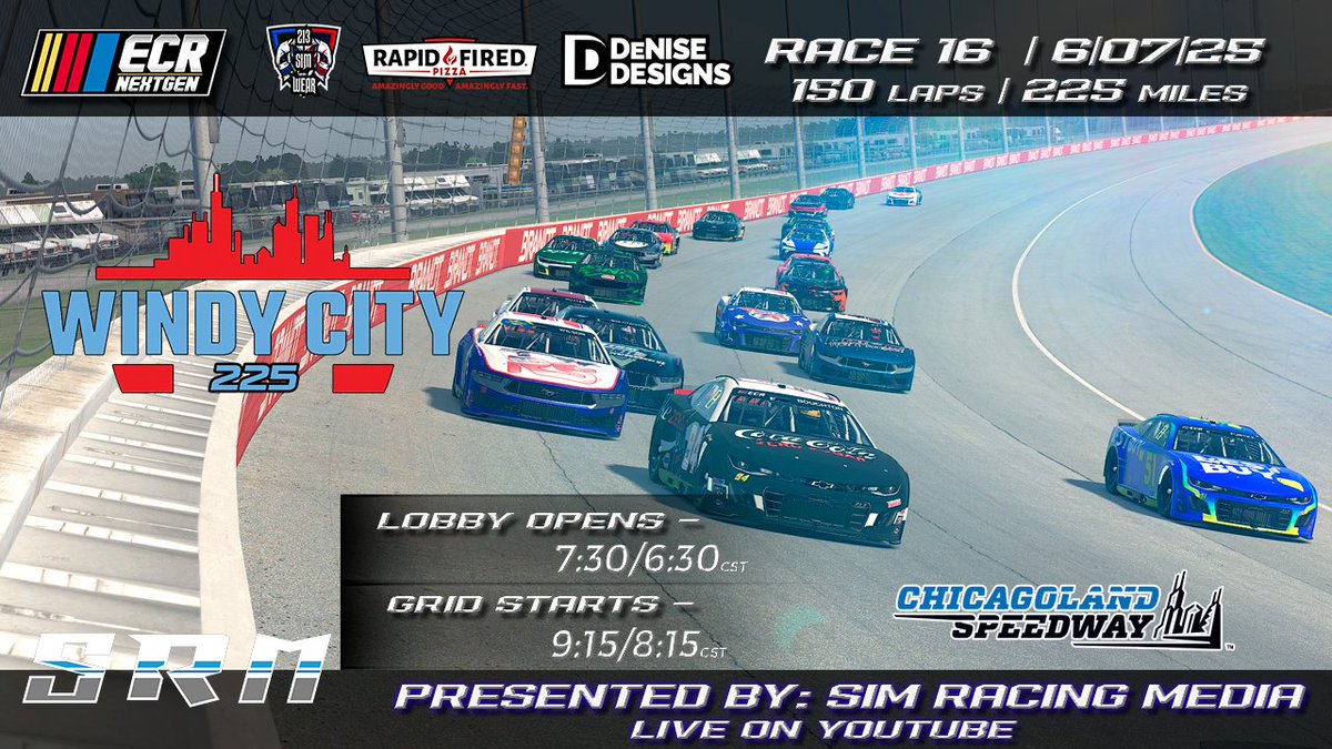Raceday! Tonight, we're in the windy city as we head to Chicagoland for 150 laps of racing.

Who will grab the 🏆

Tune in as <a href="/SimRacingMedia1/">Sim Racing Media</a> calls all the action live on <a href="/YouTube/">YouTube</a>!

Link for the race:
youtube.com/live/hCpw0gXqt…