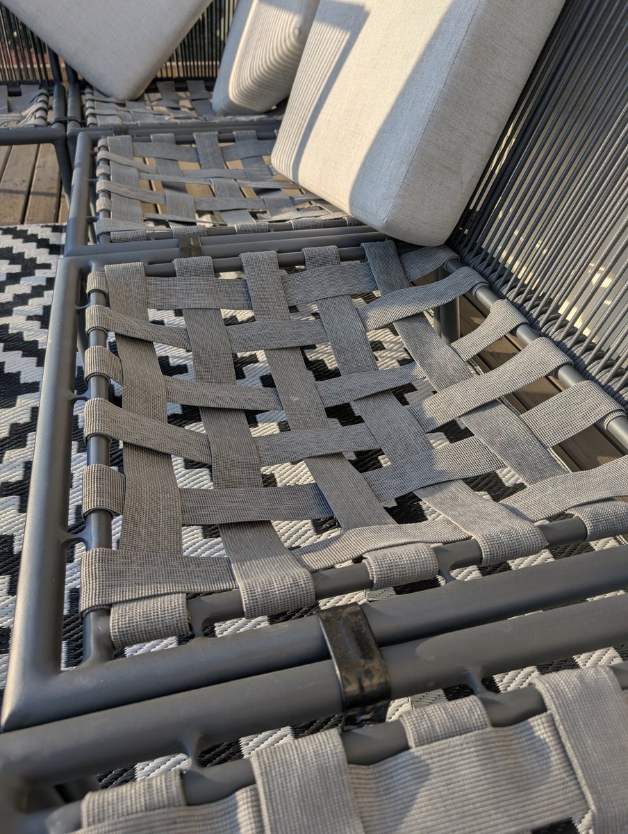 kylelweeks's tweet photo. @CrateandBarrel pulled the patio furniture out for the summer and all the webbing is shot. How do we get this fixed? Furniture of this quality/cost should not fall apart like this. Can't be used in this condition. https://t.co/960D2Q8RgP