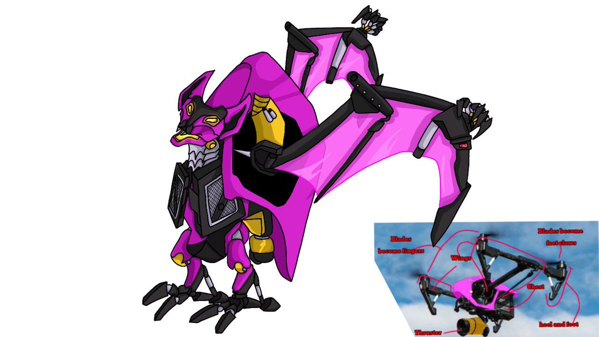 happy_arts_'s tweet photo. I wanted to follow the general silhouette from
G1 and other iterations, while making it fit the drone mode. The biggest thing is that as a pink and gold bat, he sticks out like a sore thumb. So maybe he can change colors in alt mode. But here is Ratbat! 
#transformers #ratbat https://t.co/tKZtL7XpOF