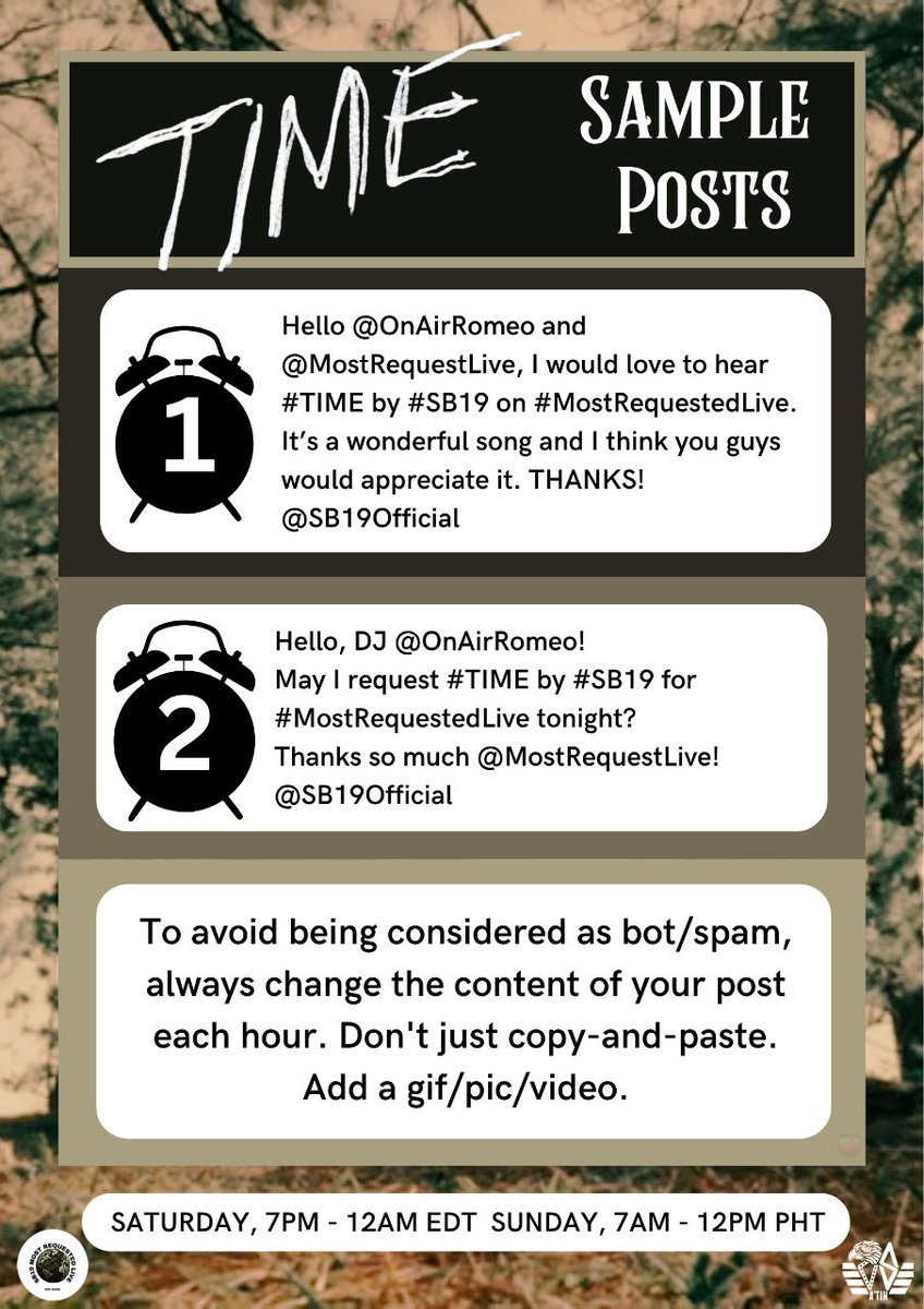 SB19 MOST REQUESTED LIVE (@sb19mrl) on Twitter photo To those joining us the first time, here are the rules and sample posts in requesting #TIME by #SB19 on #MostRequestedLive.
Remember, only one request is counted per hour on each platform.
<a href="/SB19Official/">SB19 Official</a> #SB19Time To those joining us the first time, here are the rules and sample posts in requesting #TIME by #SB19 on #MostRequestedLive.
Remember, only one request is counted per hour on each platform.
<a href="/SB19Official/">SB19 Official</a> #SB19Time