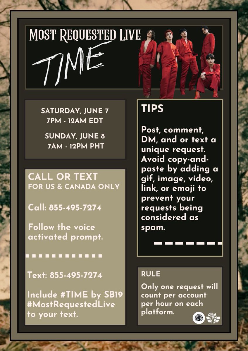 SB19 MOST REQUESTED LIVE (@sb19mrl) on Twitter photo Attention A'TIN in the US and Canada!
Your requests are essential on #MostRequestedLive! Join us in requesting #TIME by #SB19. More requests gives the track a big boost and chance to be played.
<a href="/SB19Official/">SB19 Official</a> <a href="/MostRequestLive/">Most Requested Live</a>
#SB19Time Attention A'TIN in the US and Canada!
Your requests are essential on #MostRequestedLive! Join us in requesting #TIME by #SB19. More requests gives the track a big boost and chance to be played.
<a href="/SB19Official/">SB19 Official</a> <a href="/MostRequestLive/">Most Requested Live</a>
#SB19Time