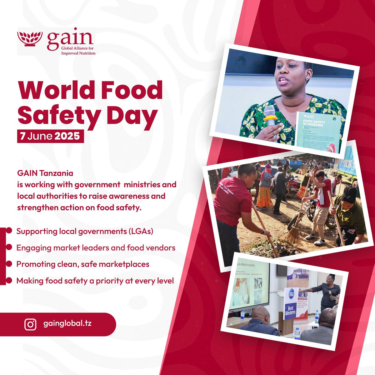 WORLD FOOD SAFETY DAY
Unsafe food doesn’t just affect health it impacts economies and livelihoods. That’s why food safety is at the heart of GAIN’s work to improve access to healthy diets.

  #WorldFoodSafetyDay #FoodSafety