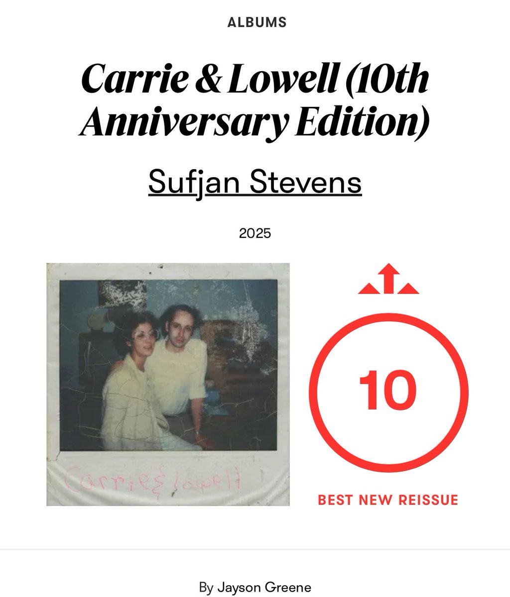 🚨 Pitchfork has rated ‘Carrie &amp; Lowell (10th Anniversary Edition)’ as a PERFECT 10 and labeled it as the BEST NEW REISSUE.

Read the review here: pitchfork.com/reviews/albums…