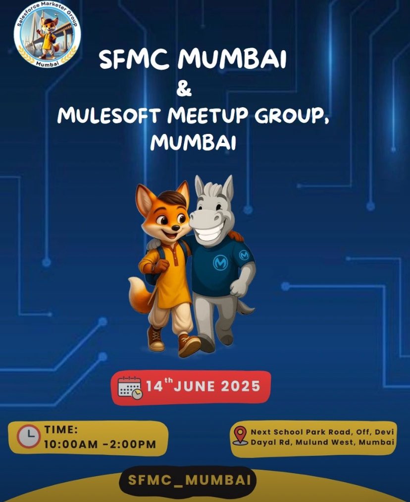 🔥 SFMC Mumbai is back!

Join us <a href="/sfmcmumbai/">SFMC Mumbai</a> &amp; <a href="/MuleSoft/">MuleSoft</a> Community for a day packed with fresh insights, awesome food, and #networking on June 14th at NXT School, Mulund.

Seats are limited—RSVP now!

🔗 lnkd.in/ddcx2Eib

#SFMCMumbai #MuleSoft #SalesforceIndia