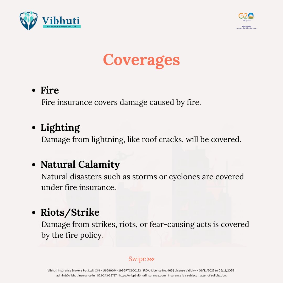 VIBPL's tweet image. Think fire insurance only covers fire? Did you know it also covers:
• Damage from lightning strikes
• Natural disasters like storms &amp;amp; floods
• Riots, strikes &amp;amp; even explosions
• Landslides &amp;amp; aircraft accidents

#vibhutiinsurance  #fireinsurance #fireinsurancepolicy