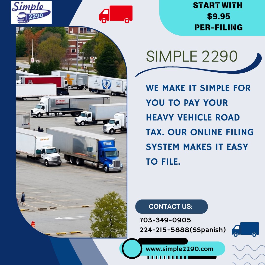 simple2290's tweet photo. We make it simple for you to pay your Heavy Vehicle Road Tax . Our Online Filing system makles it easy to file #truckdriver #truckin #truckdaily #starstruck #truckerhat #truckerlife #trucknation #pawstruck  https://t.co/FaTohdsXCw
support@simple2290.com
703-349-0905 https://t.co/ehDzHh4gzH