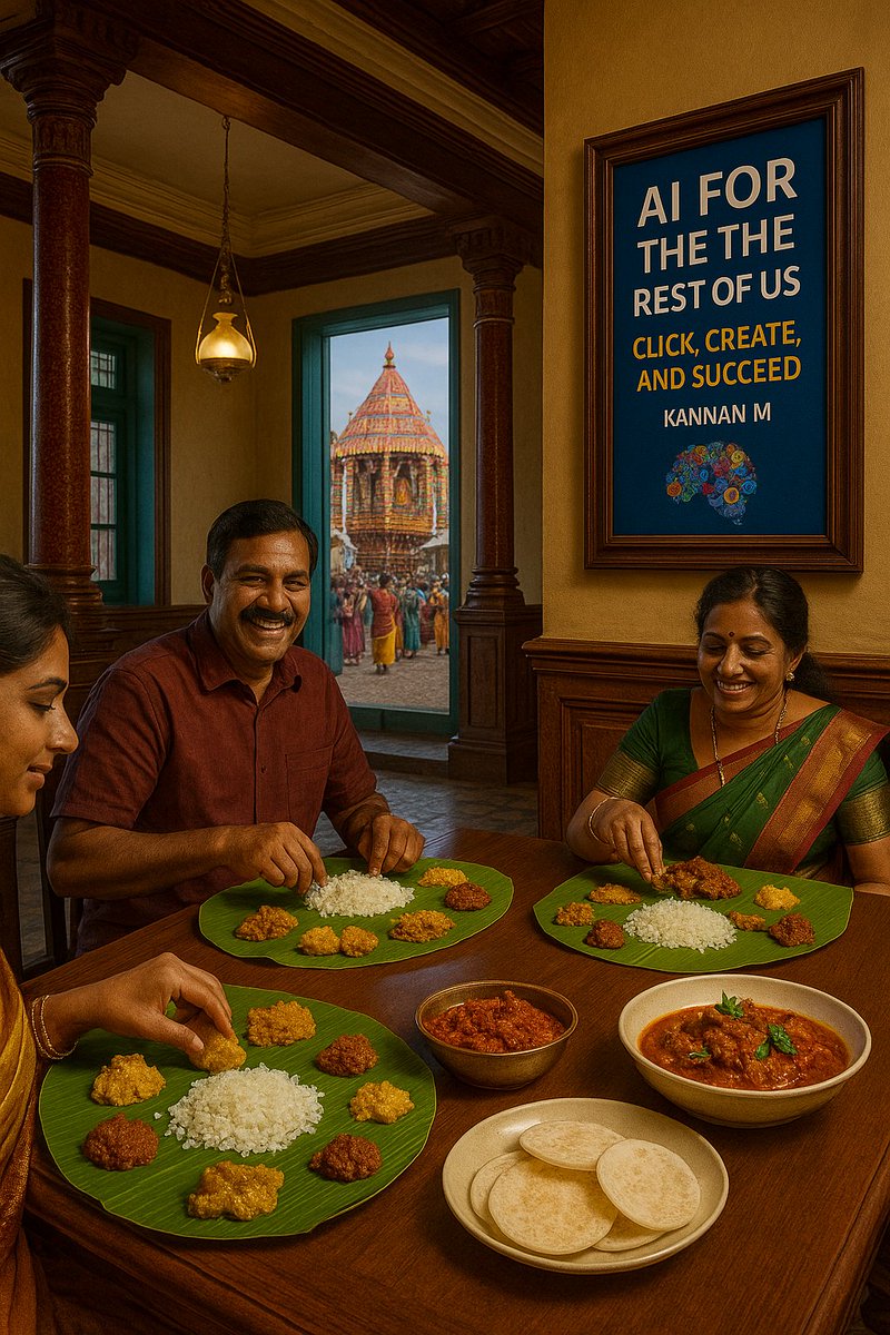 KannanM1960's tweet image. 🎯 I used AI to design this culturally rich image—Chettinad food, temple car festival &amp;amp; my book—without a team, tool, or cost.

Read the full case study👇
📖 How I created it with smart prompting:
🔗 radhaconsultancy.blogspot.com/2025/06/how-i-…
#AIForTheRestOfUs #PromptEngineering #SoloCreatorTools