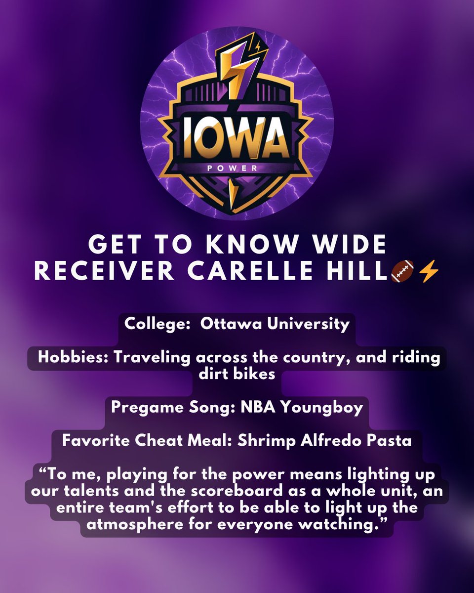 Iowa_Power's tweet image. Relentless drive. Next-level focus. Meet Carelle, the spark behind the storm. ⚡️
#IowaPower #ArenaBaller #MeetTheSquad #ArenaAction #PowerPride #AllIn #GameReady #GridironGrit #FootballBeast #IndoorLeague