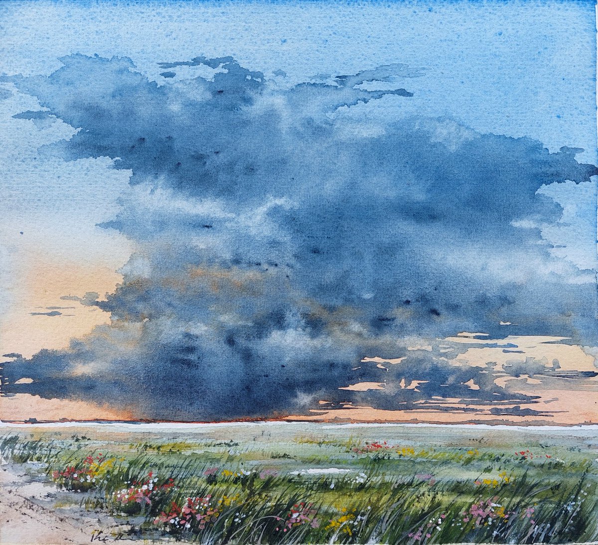 Dusk falls over the countryside.
My #watercolor #painting. 
#clouds #Country #art #nature #sky