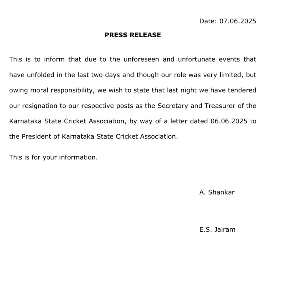 #ChinnaswamyStampede

#KSCA Secretary A. Shankar resigns, citing moral responsibility.

Treasurer E.S. Jairam also steps down.
#RCB