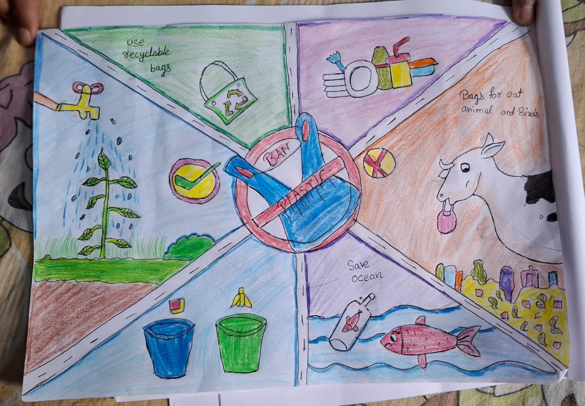 Environment0077's tweet photo. विश्व पर्यावरण दिवस 2025 के अवसर पर आयोजित Say  No to Plastic थीम पर आयोजित पेंटिंग प्रतियोगिता Group A (वर्ग 1 से 5 तक के छात्र ) के विजेताओं के पेंटिंग।
विजेताओं की सूची 
प्रथम 
अनुष्का भारती

दूसरा स्थान
आयुष कुमार

तीसरा स्थान
खुशी कुमारी https://t.co/6gBY8yX8y2