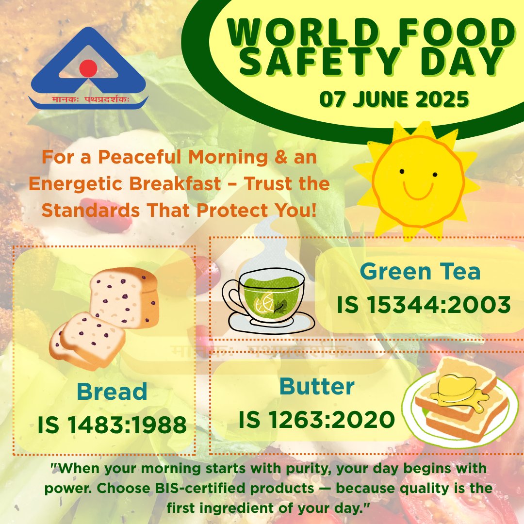 BISChennai's tweet image. Did you know? Food safety isn&apos;t just about hygiene — it&apos;s about standards.
This #WorldFoodSafetyDay, BIS continues its mission to make every bite safer for everyone .
#BISForFoodSafety #QualityYouCanTrust #FoodStandards #EatSafe