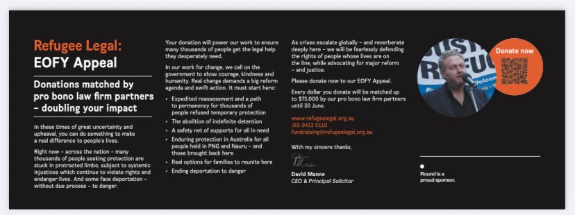 David Manne (@david_manne) on Twitter photo In these times of great uncertainty and upheaval, you can do something to make a real difference to people’s lives. DONATE NOW to our <a href="/RefugeeLegal/">Refugee Legal</a> EOFY Appeal & double your impact - donations matched dollar for dollar: refugeelegal.org.au/get-involved/d… <a href="/SatPaper/">The Saturday Paper</a> #refugees In these times of great uncertainty and upheaval, you can do something to make a real difference to people’s lives. DONATE NOW to our <a href="/RefugeeLegal/">Refugee Legal</a> EOFY Appeal & double your impact - donations matched dollar for dollar: refugeelegal.org.au/get-involved/d… <a href="/SatPaper/">The Saturday Paper</a> #refugees