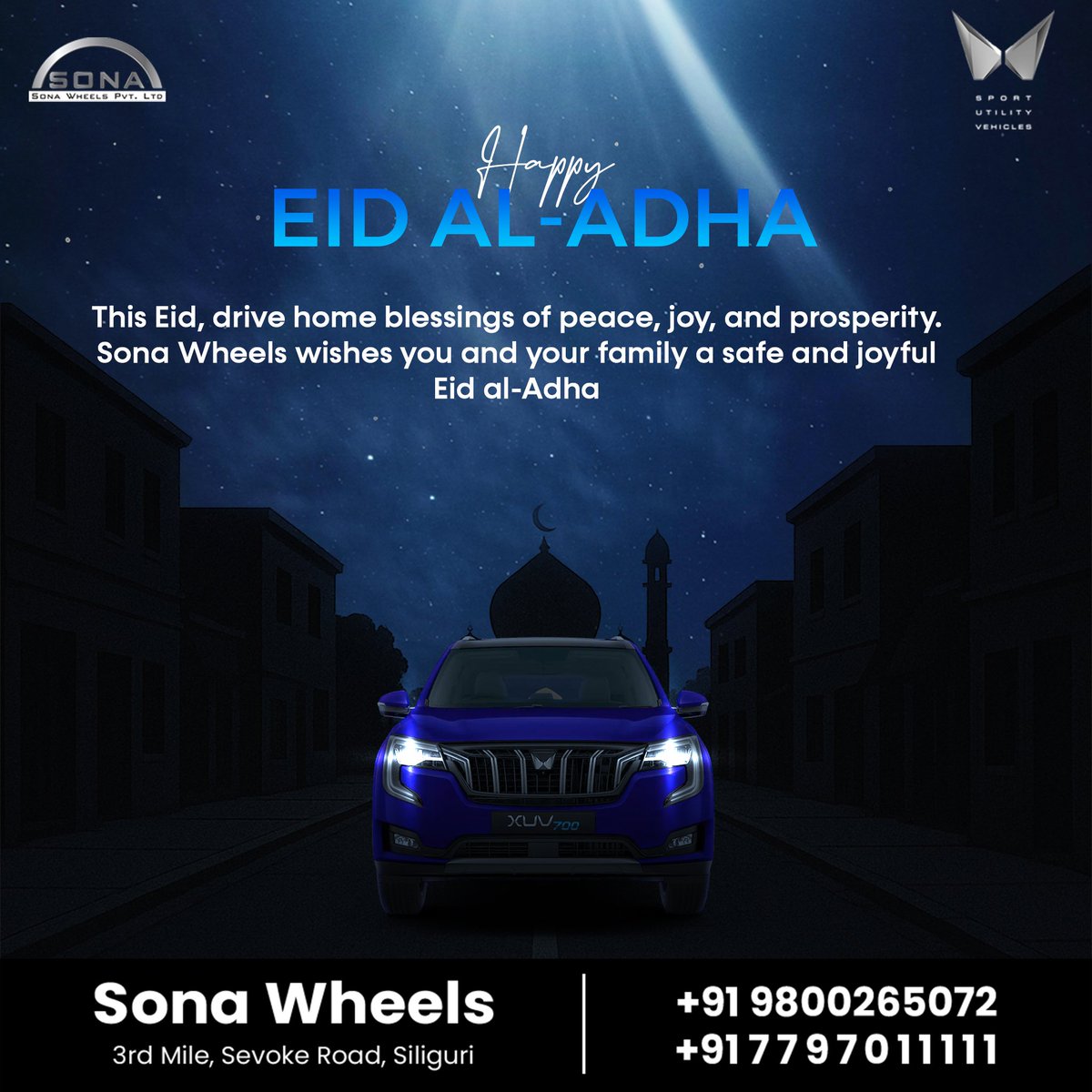 swplsiliguri's tweet photo. Wishing you a Joyous Eid al-Adha!
May this Eid bring peace, happiness, and prosperity to you and your loved ones.
Drive into the celebration with blessings and joy.
Eid Mubarak from all of us at Sona Wheels!
#EidMubarak #EidAlAdha #SonaWheels #DriveWithJoy #FestivalVibes https://t.co/2u3vifh8Lz